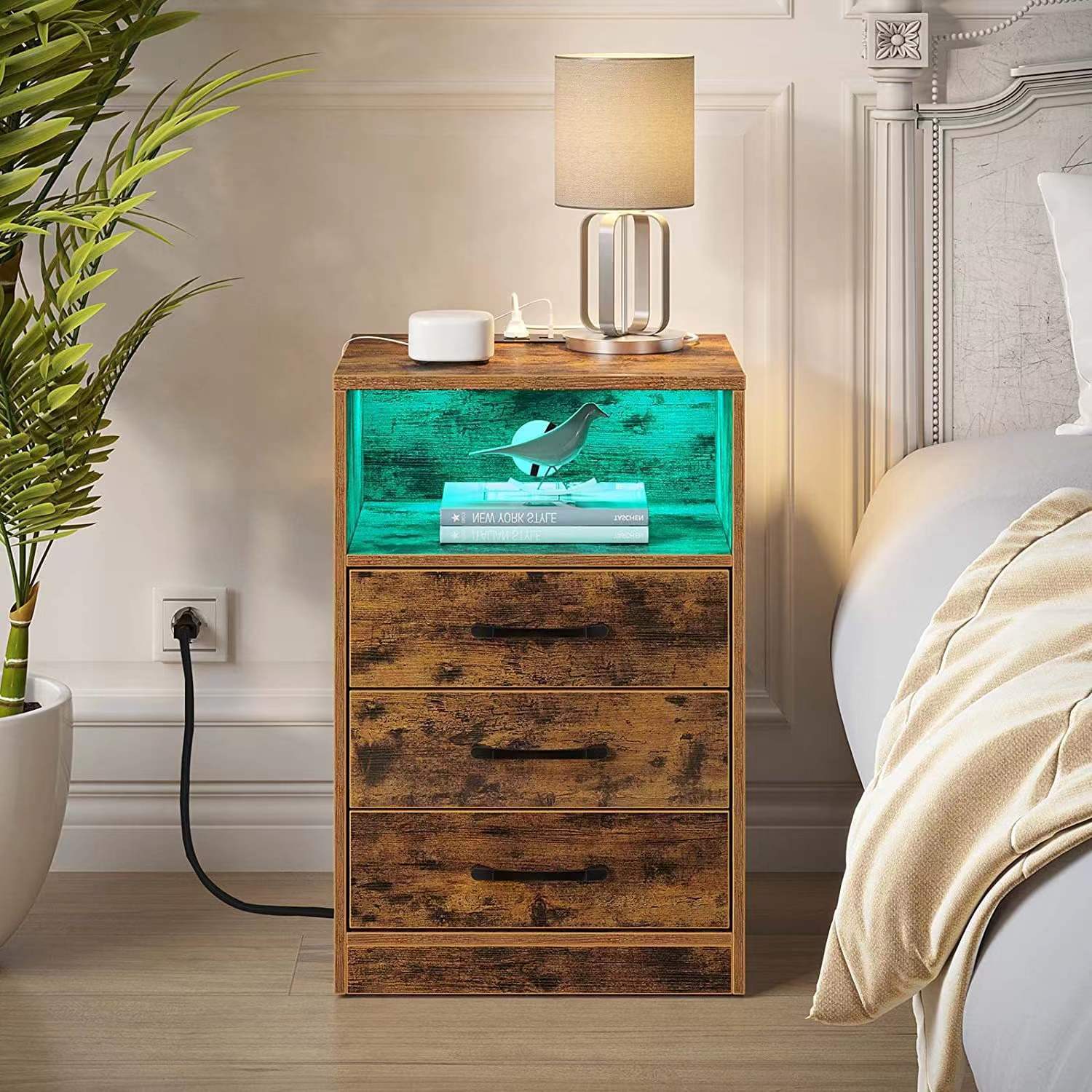 3 Drawers Bedside Nightstand with USB Charging Lamp HWD-GZDX02